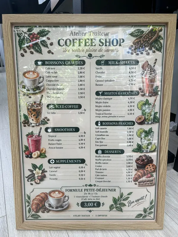 Menu encadré imprimé pour un coffee shop